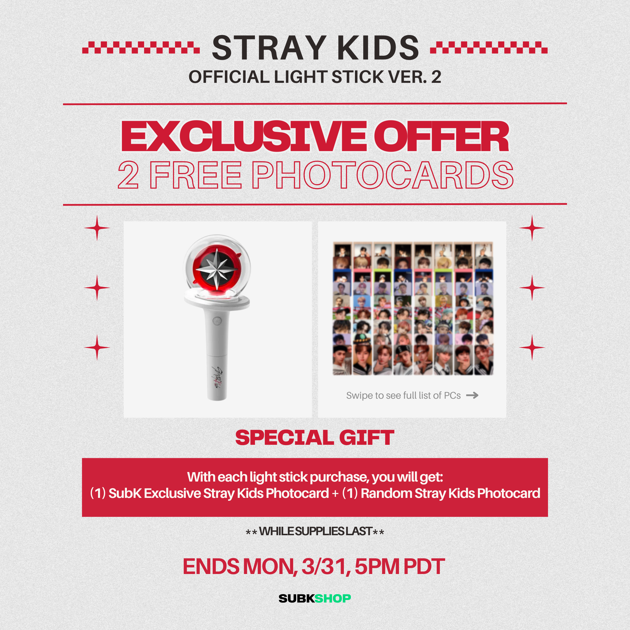 STRAY KIDS OFFICIAL LIGHT STICK VER.2 + 2 PHOTOCARDS